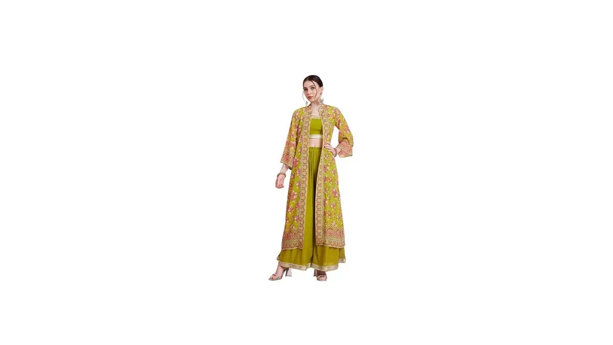Stylish women kurta sets under 1500 Parrot Green Palazzo Shrug Set